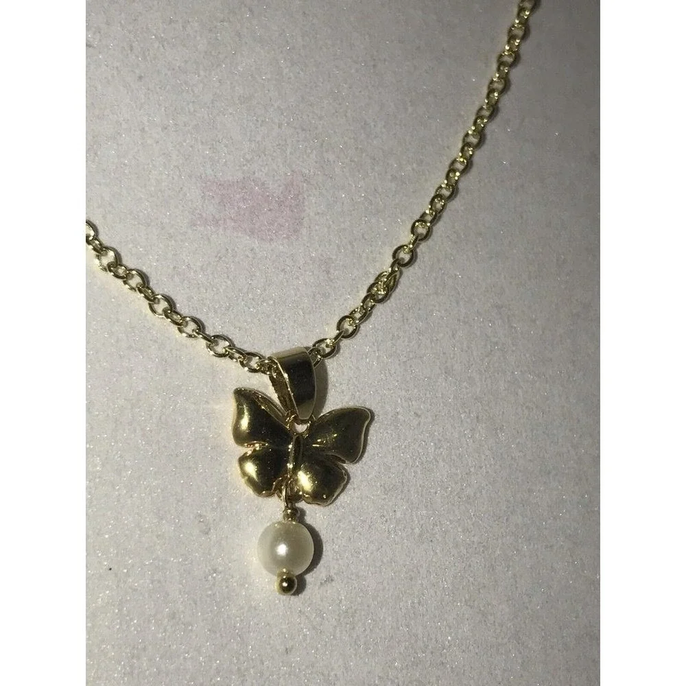 Girl Nation 14K Gold Plated Butterfly Pearl Pendant Necklace Hypoallergenic